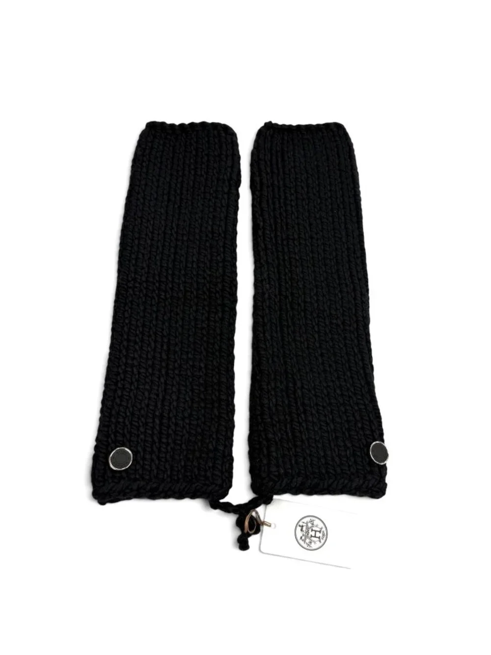 Hermes Silk Cashmere Blend Silver Series Knit Arm Warmer Gloves Black TU